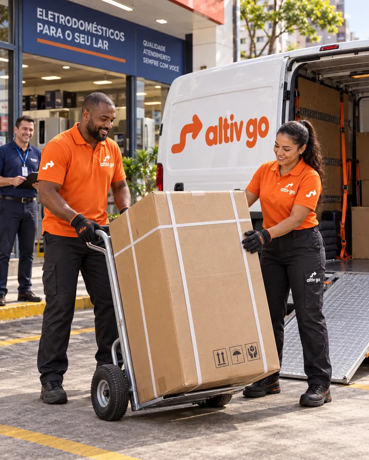 Equipe do Altiv Go transportando um eletrodoméstico grande em carrinho, na frente de uma loja