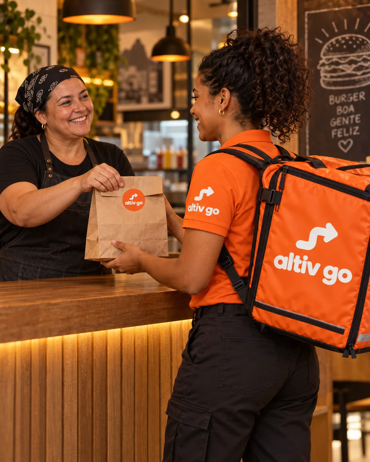 Entregadora do Altiv Go recebendo o pedido no balcão de uma hamburgueria