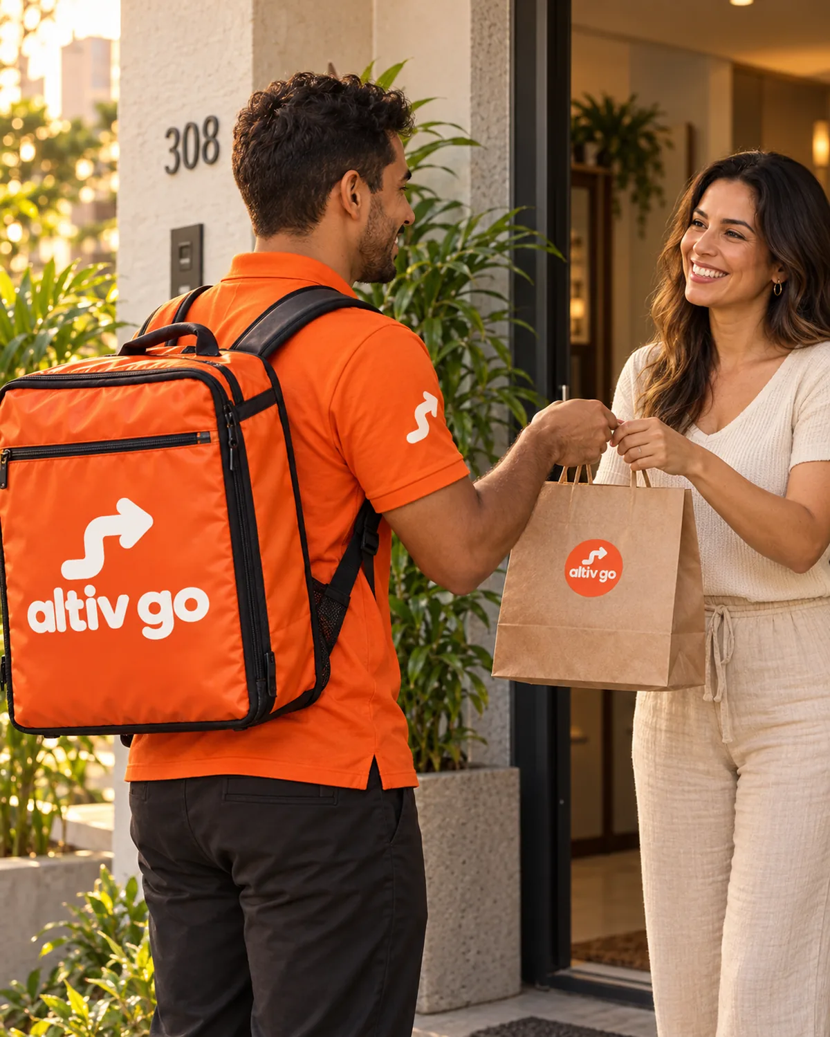 Entregador do Altiv Go entregando uma sacola na porta de uma casa