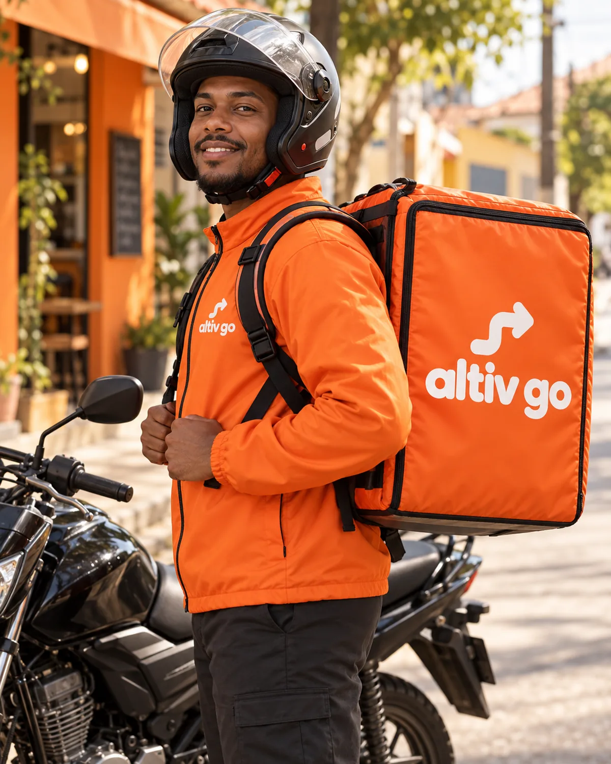Entregador do Altiv Go de jaqueta laranja e bag da marca, ao lado da moto